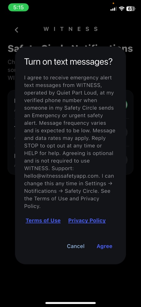 The WITNESS app asking "Turn on text messages?" with the full text message consent statement, Terms of Use and Privacy Policy links, and Cancel and Agree buttons.