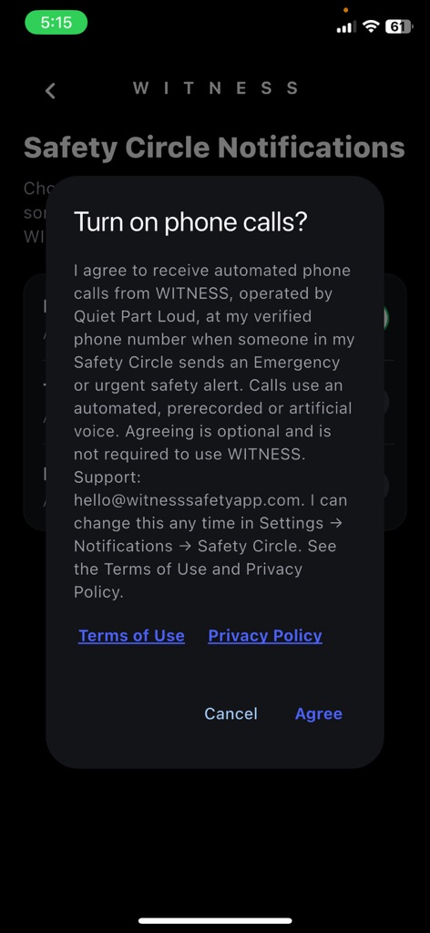 The WITNESS app asking "Turn on phone calls?" with the full automated phone call consent statement, Terms of Use and Privacy Policy links, and Cancel and Agree buttons.
