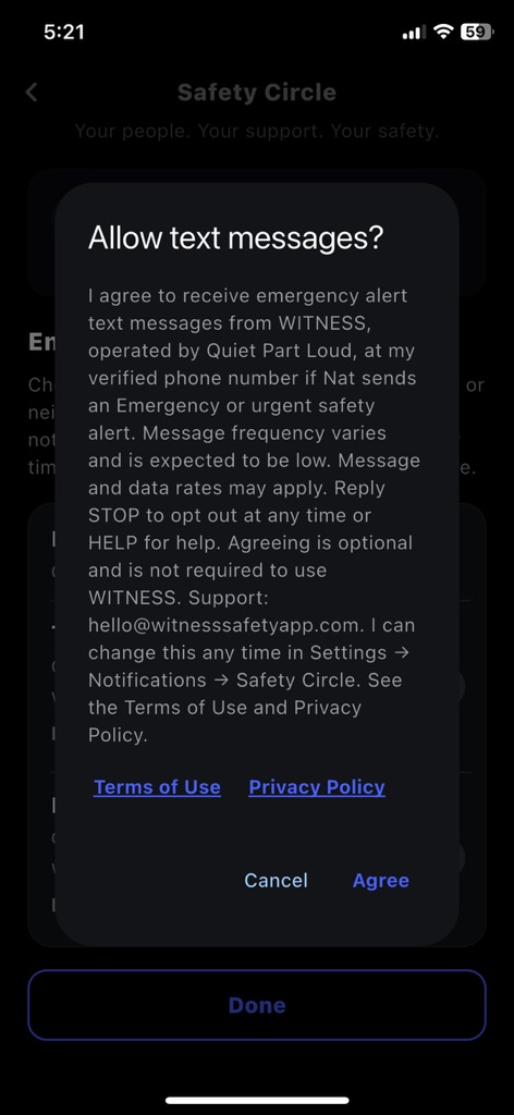 The WITNESS app asking "Allow text messages?" with the Emergency Contact text message consent statement naming the requester, Terms of Use and Privacy Policy links, and Cancel and Agree buttons.