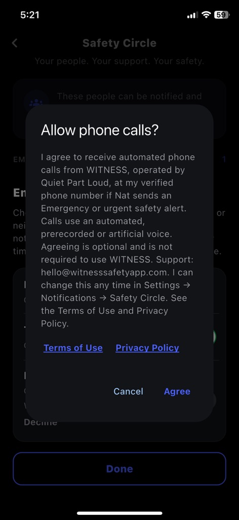 The WITNESS app asking "Allow phone calls?" with the Emergency Contact automated phone call consent statement naming the requester, Terms of Use and Privacy Policy links, and Cancel and Agree buttons.